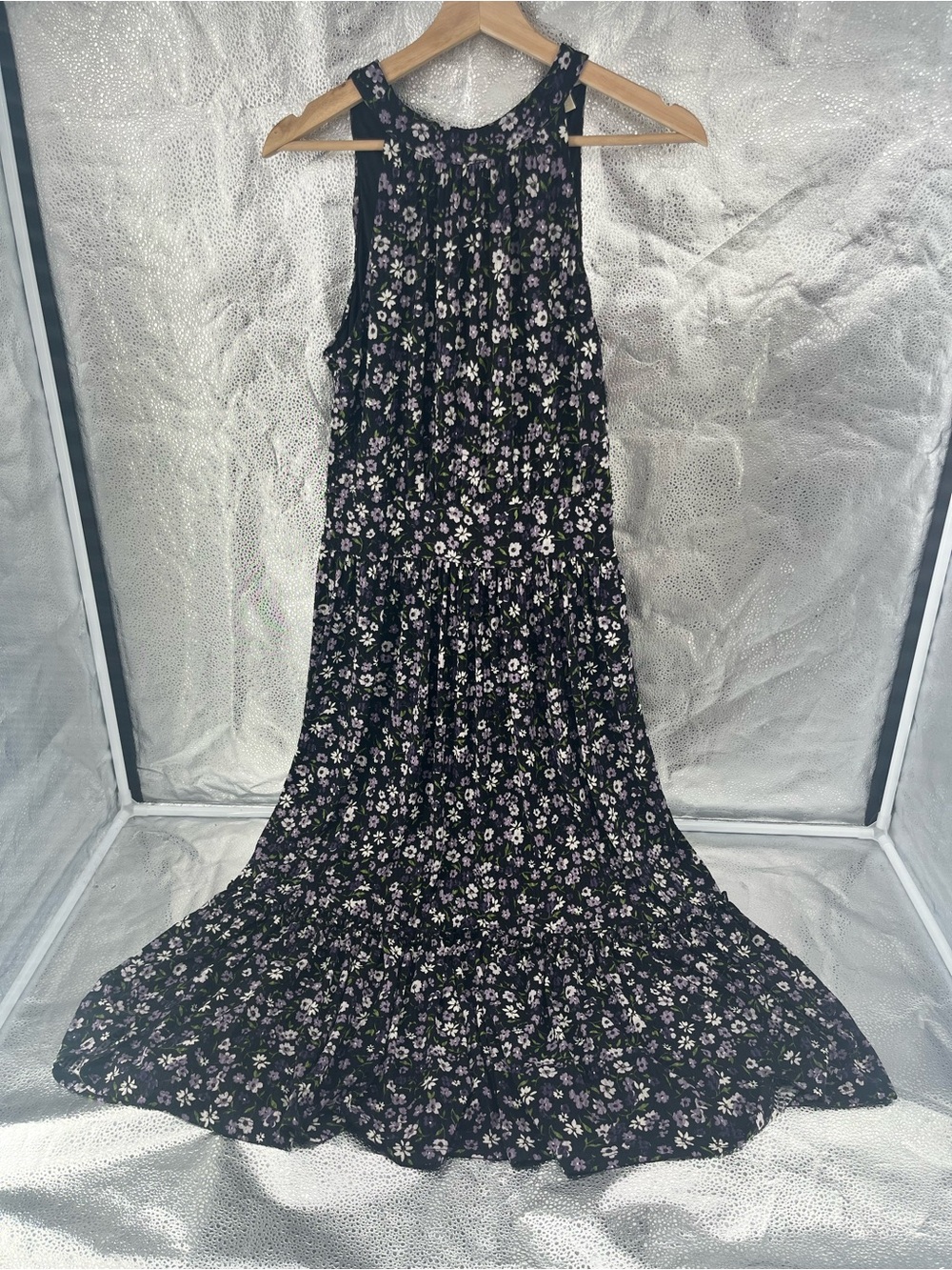 Michael Kors Floral Tiered Halter Dress Medium M Purple Black Ruffle Wedding Gst - Picture 4 of 15